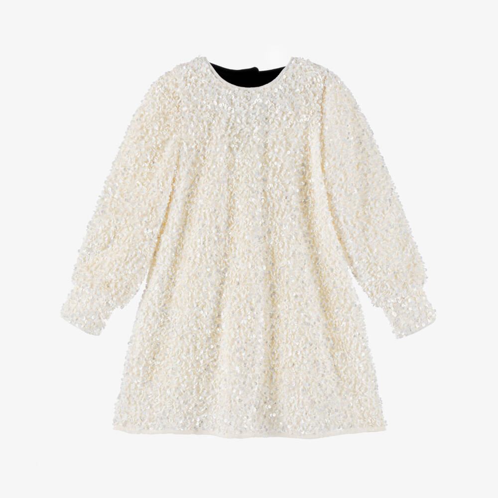 Abel & Lula-Girls Ivory Sequin Dress with Black Bow | Childrensalon Outlet