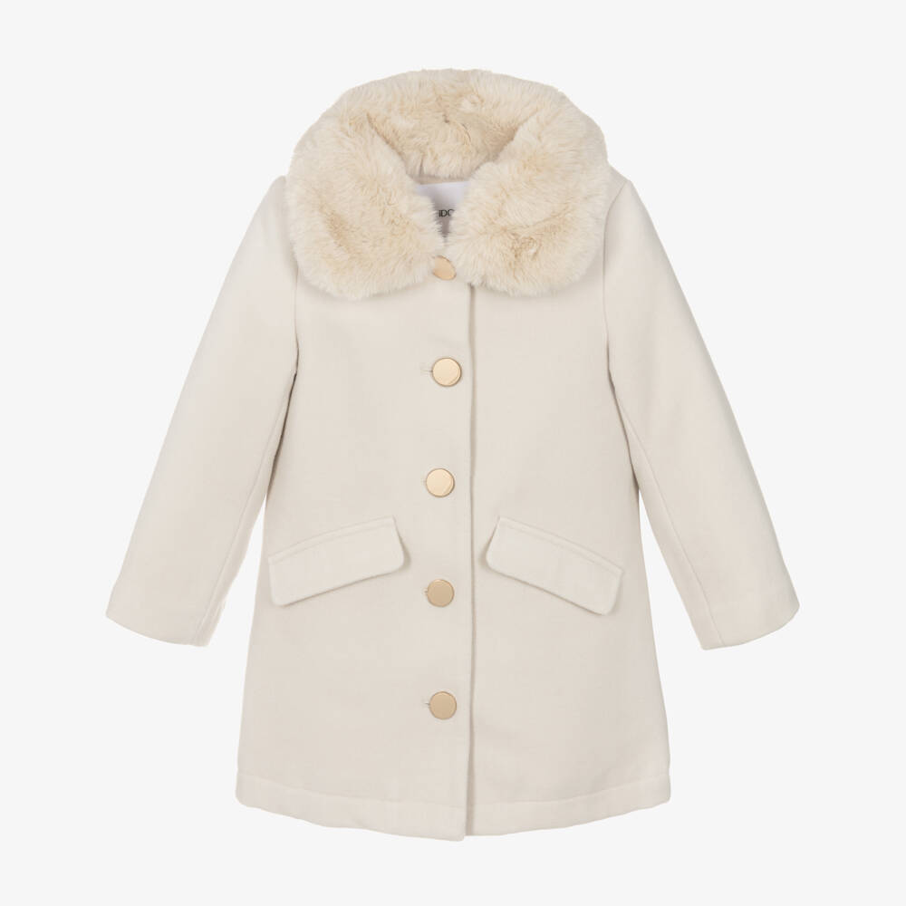iDO-Girls Ivory Single Breasted Coat with Faux Fur Collar | Childrensalon Outlet