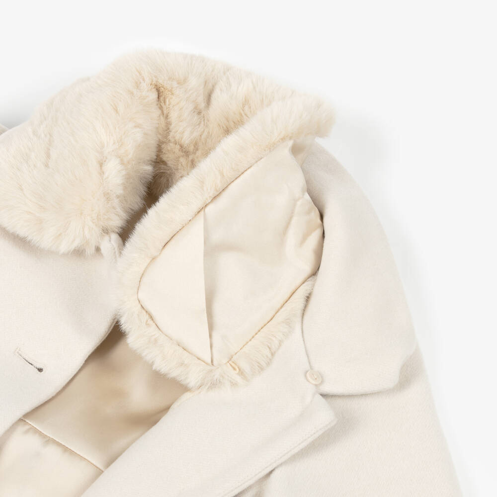 iDO-Girls Ivory Single Breasted Coat with Faux Fur Collar | Childrensalon Outlet