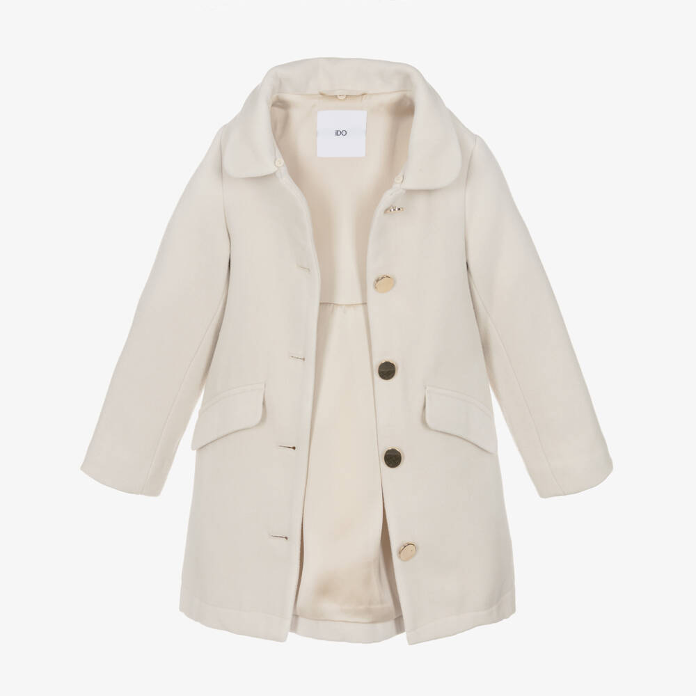 iDO-Girls Ivory Single Breasted Coat with Faux Fur Collar | Childrensalon Outlet