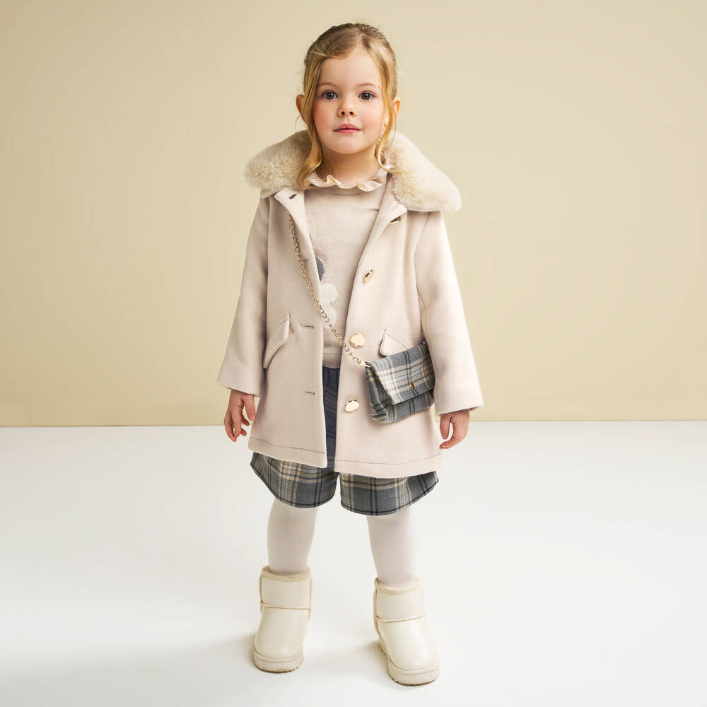 iDO-Girls Ivory Single Breasted Coat with Faux Fur Collar | Childrensalon Outlet