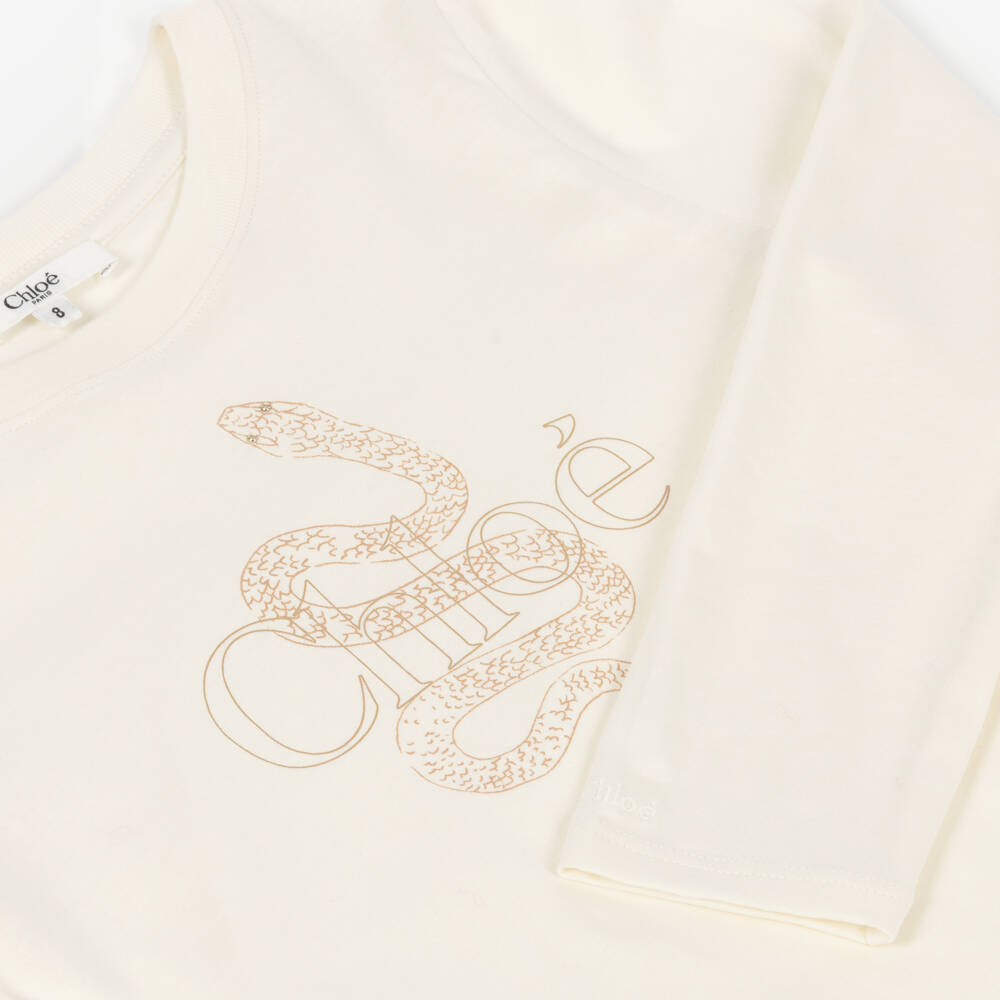 Chloé-بلوزة عاجية بأكمام طويلة بنقشة الثعبان للبنات | Childrensalon Outlet