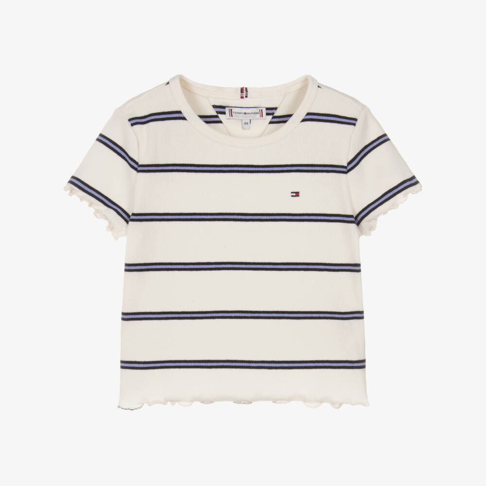 Tommy Hilfiger-Girls Ivory Stripe Ribbed Jersey T-Shirt | Childrensalon Outlet