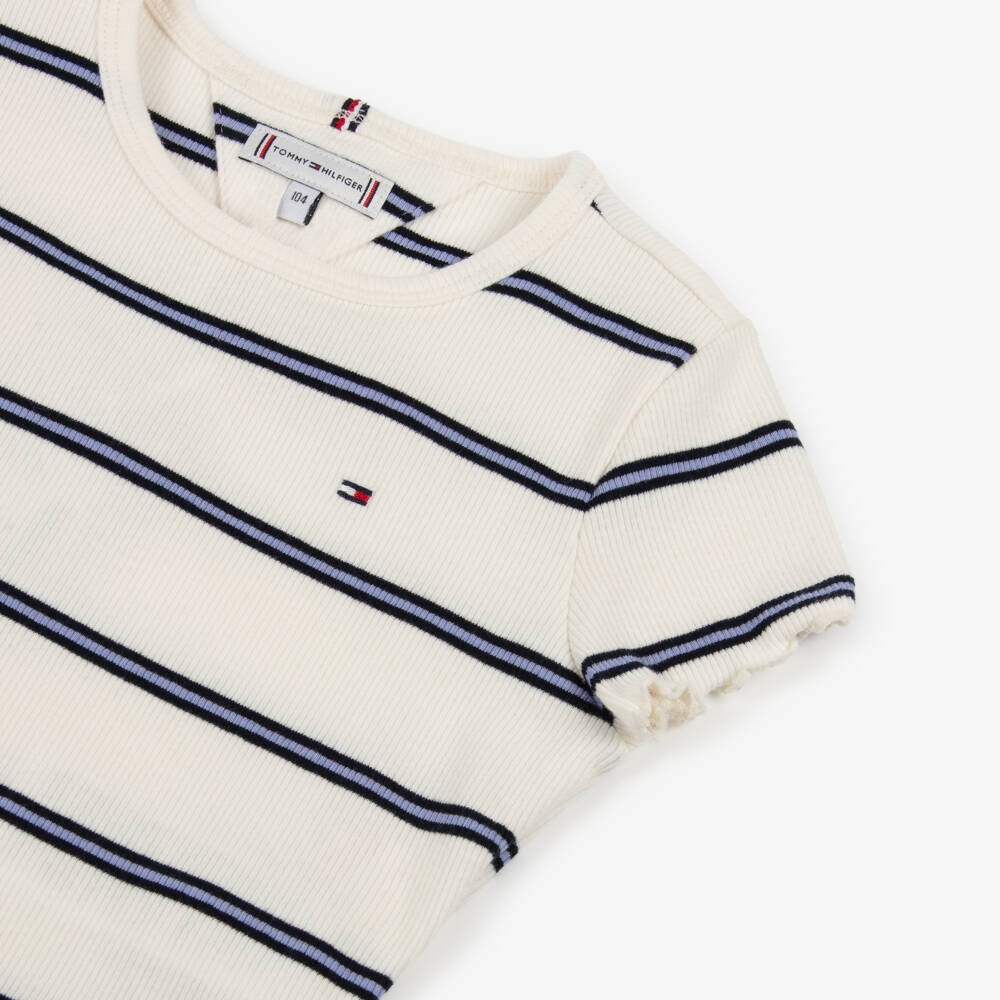 Tommy Hilfiger-Girls Ivory Stripe Ribbed Jersey T-Shirt | Childrensalon Outlet