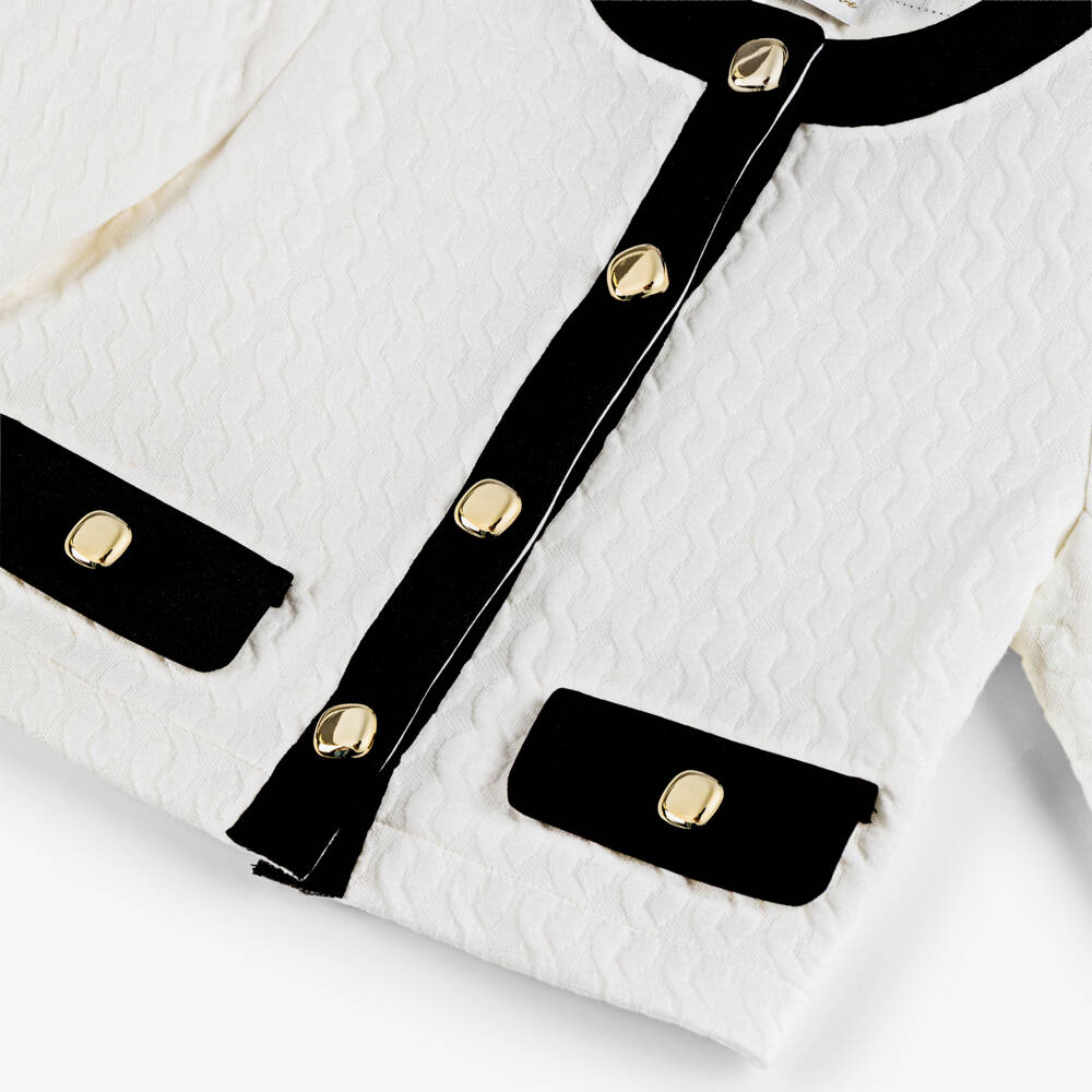 Elsy-Girls Ivory Textured Jersey Cardigan with Black Trim | Childrensalon Outlet