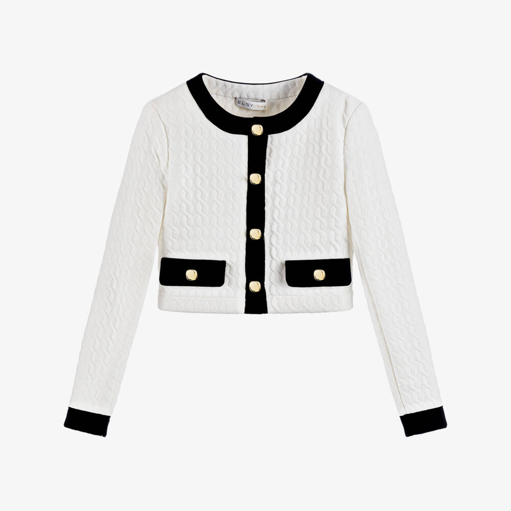 Elsy-Girls Ivory Textured Jersey Cardigan with Black Trim | Childrensalon Outlet