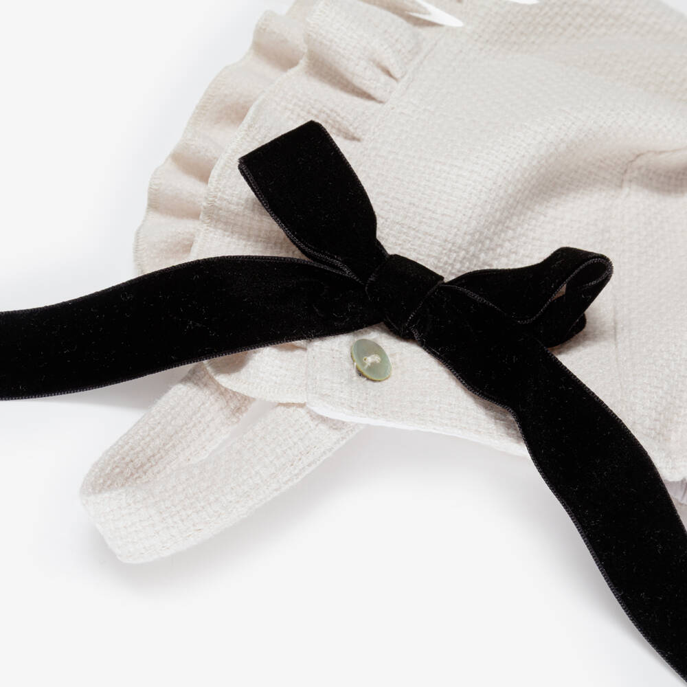 Phi Clothing-Girls Ivory Textured Viscose Bonnet with Black Velvet Bow | Childrensalon Outlet