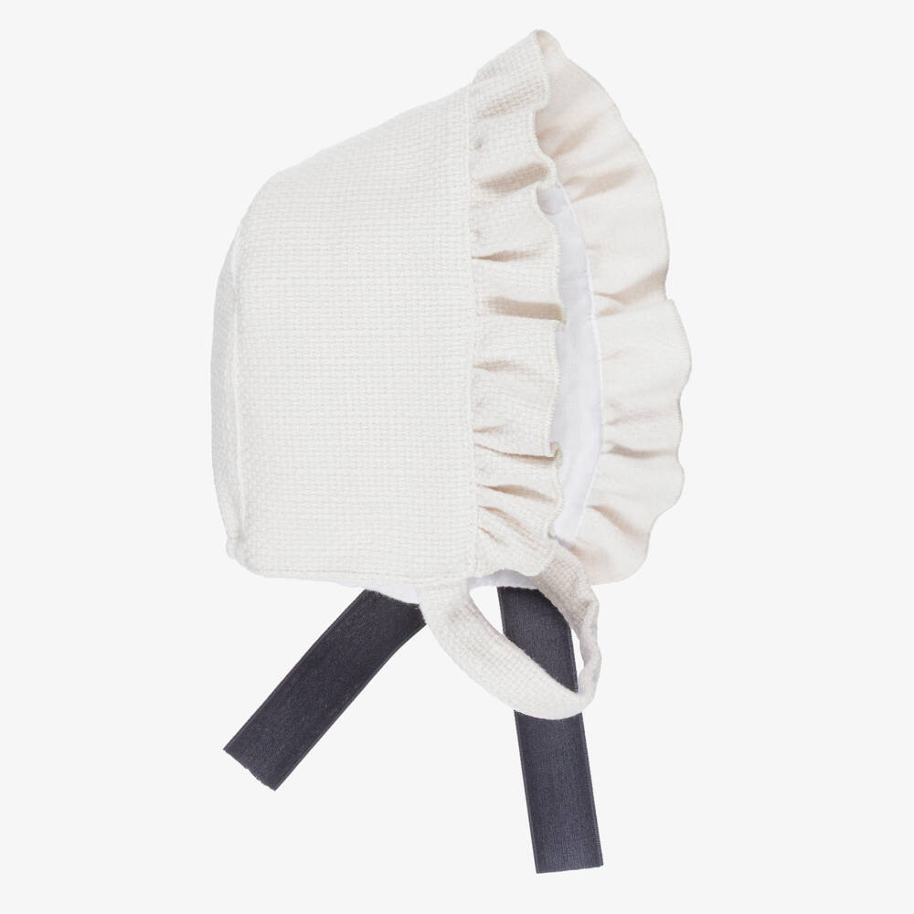 Phi Clothing-Girls Ivory Textured Viscose Bonnet with Black Velvet Bow | Childrensalon Outlet