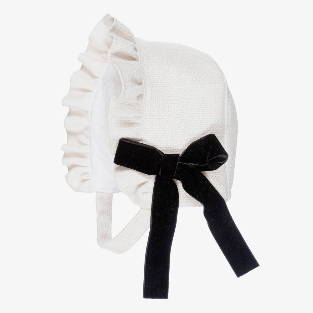 Phi Clothing-Girls Ivory Textured Viscose Bonnet with Black Velvet Bow | Childrensalon Outlet