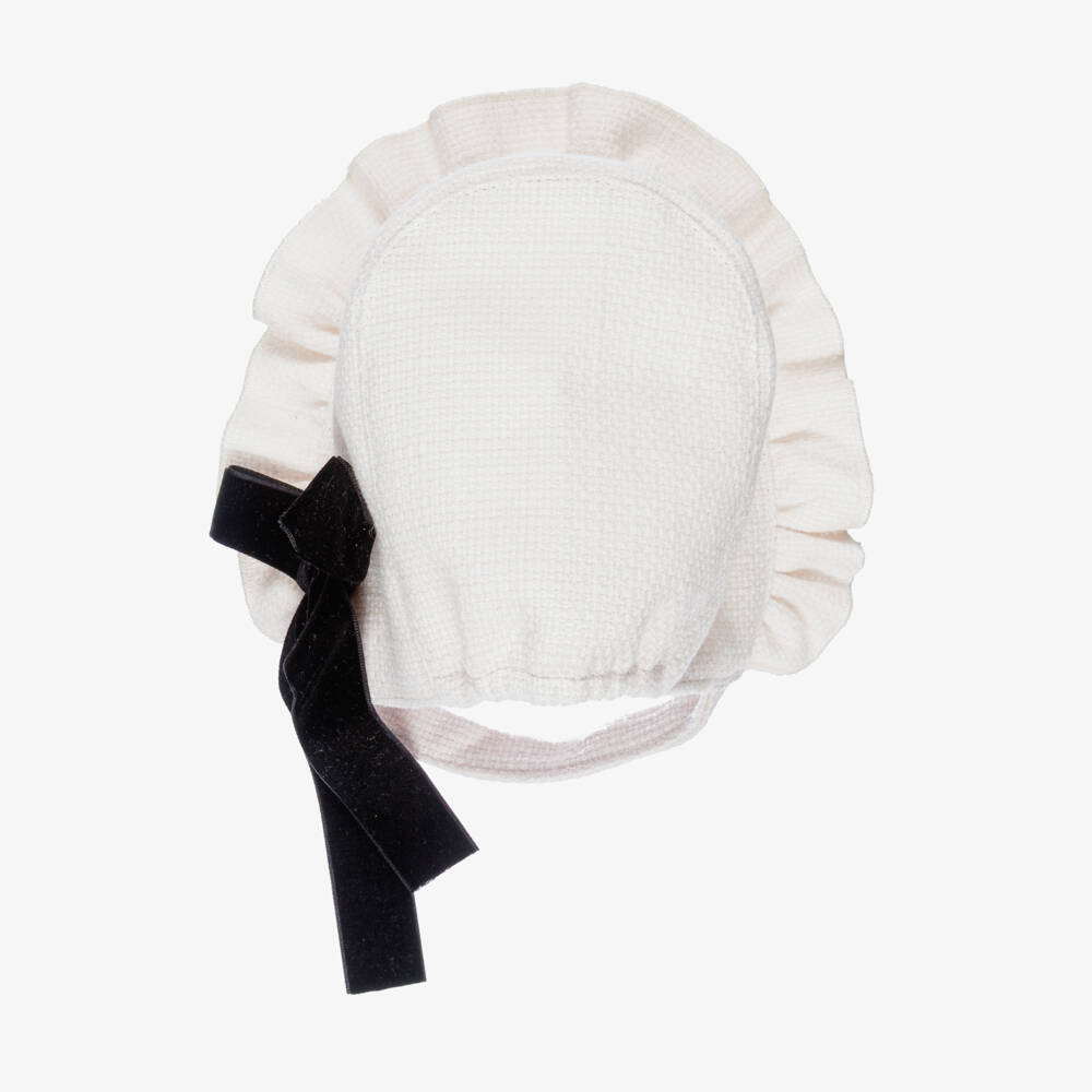 Phi Clothing-Girls Ivory Textured Viscose Bonnet with Black Velvet Bow | Childrensalon Outlet