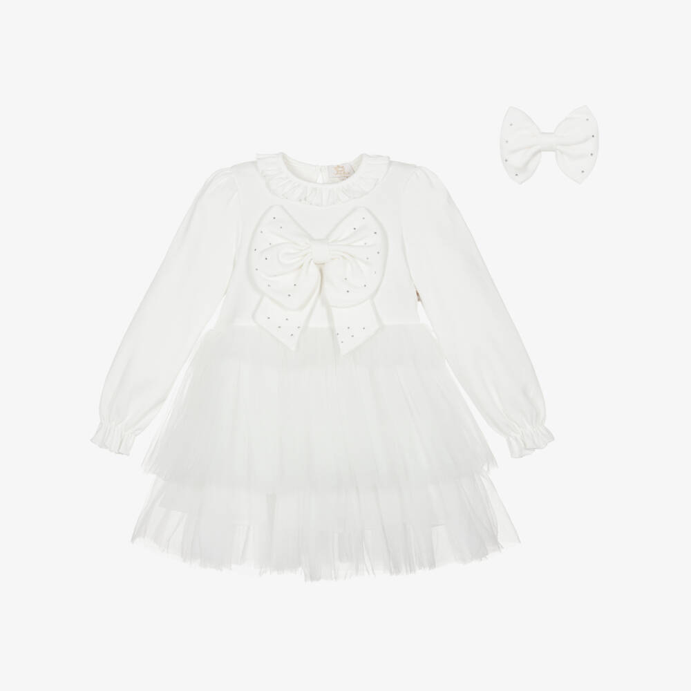 Caramelo Kids-Girls Ivory Tulle Dress Set with Diamanté Bows | Childrensalon Outlet