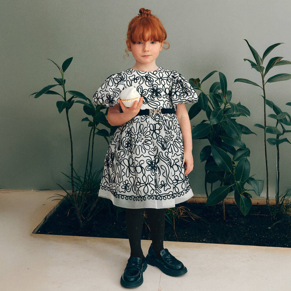 Abel & Lula-Girls Ivory Tulle Dress with Black Ribbon Floral Pattern | Childrensalon Outlet