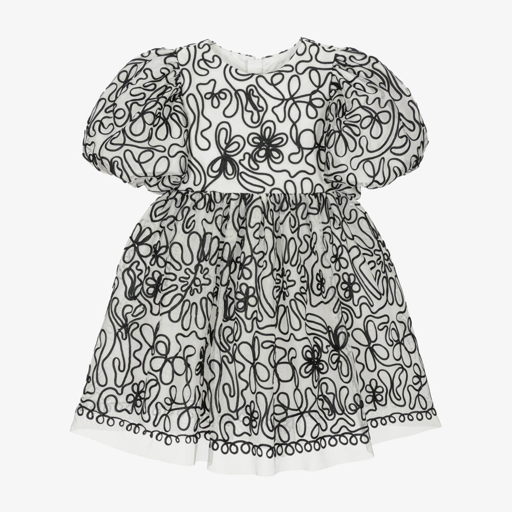 Abel & Lula-Girls Ivory Tulle Dress with Black Ribbon Floral Pattern | Childrensalon Outlet