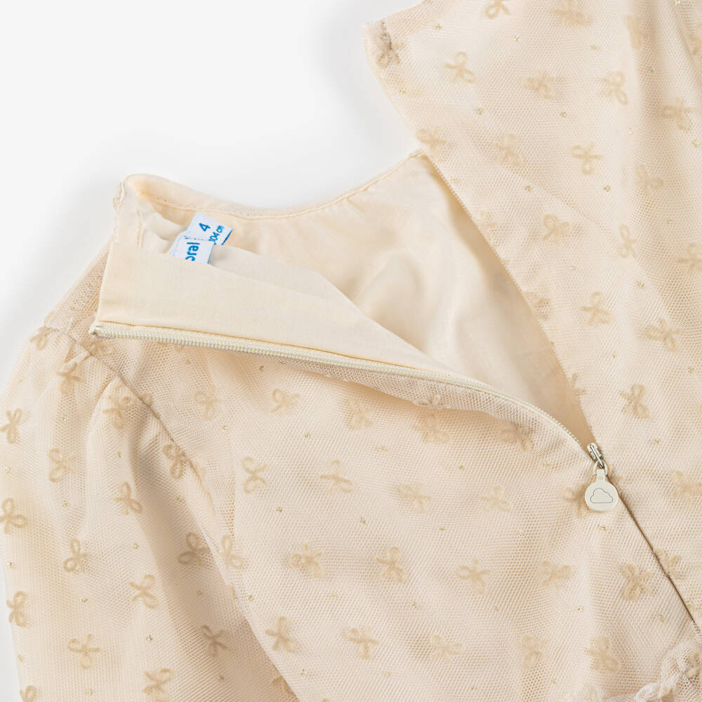 Mayoral-Girls Ivory Tulle Dress with Flocked Bow Pattern | Childrensalon Outlet