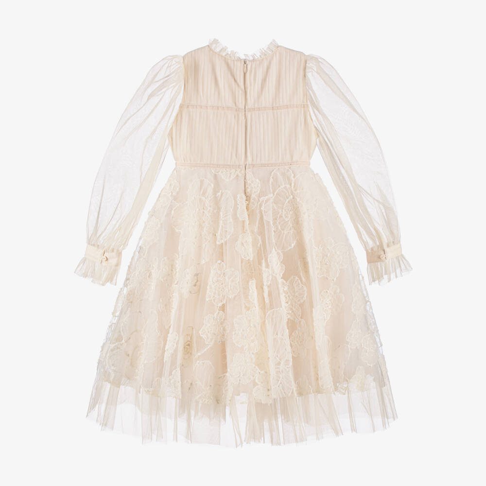 Petite Amalie-Girls Ivory Tulle Dress with Floral Embroidery | Childrensalon Outlet