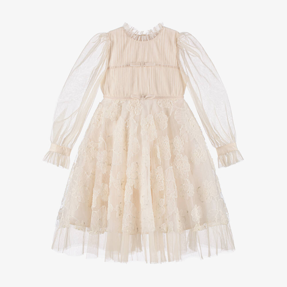 Petite Amalie-Girls Ivory Tulle Dress with Floral Embroidery | Childrensalon Outlet