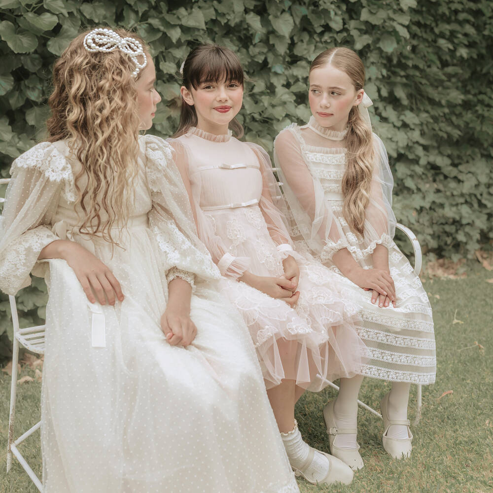 Petite Amalie-Girls Ivory Tulle Dress with Floral Embroidery | Childrensalon Outlet