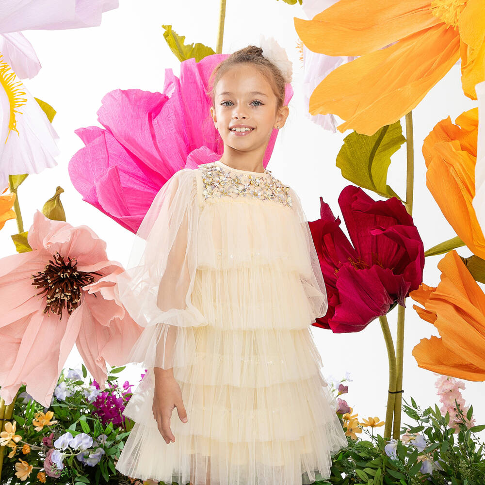 Tutu du Monde-Girls Ivory Tulle Dress With Sequin Flowers | Childrensalon Outlet