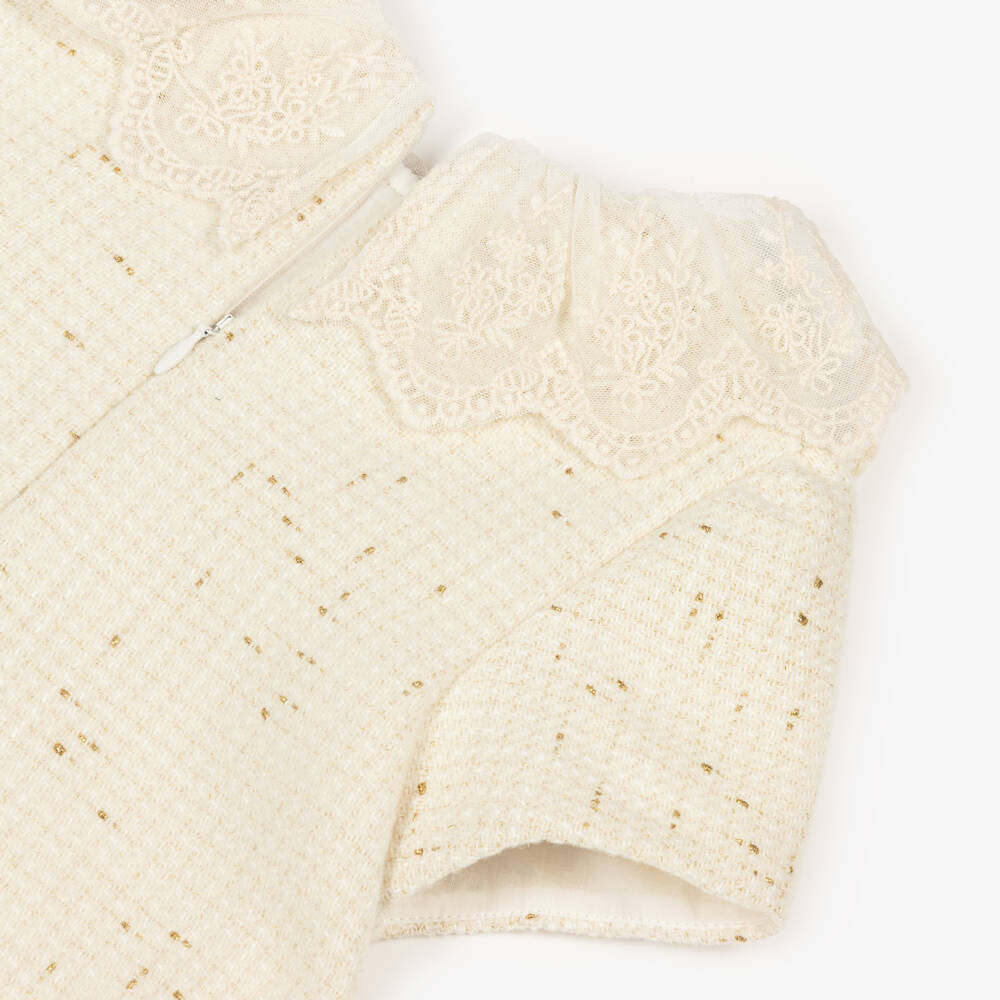 Patachou-Girls Ivory Tweed Dress with Embroidered Tulle Collar | Childrensalon Outlet