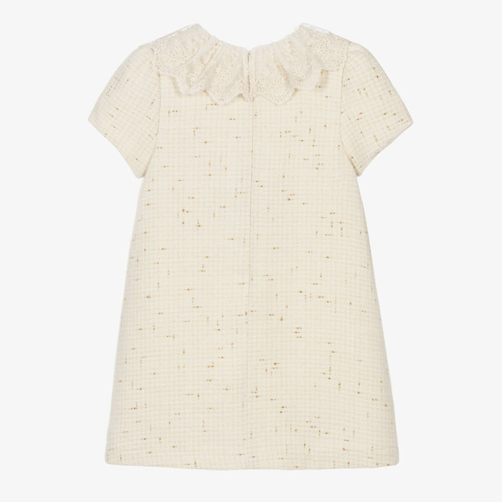 Patachou-Girls Ivory Tweed Dress with Embroidered Tulle Collar | Childrensalon Outlet