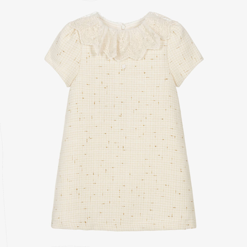 Patachou-Girls Ivory Tweed Dress with Embroidered Tulle Collar | Childrensalon Outlet
