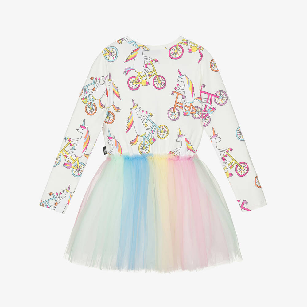 Rock Your Baby-Girls Ivory Unicorn Print Dress with Rainbow Tulle Skirt | Childrensalon Outlet