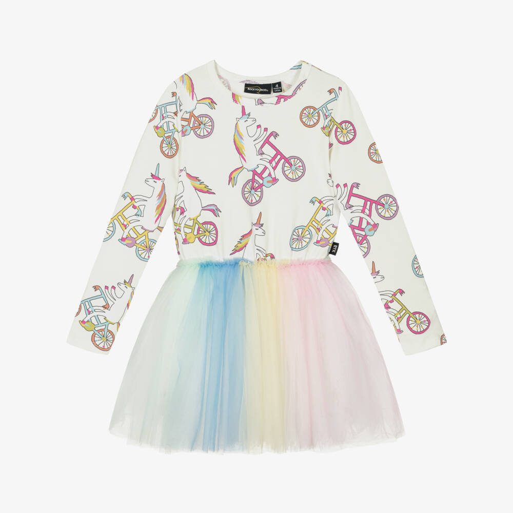 Rock Your Baby-Girls Ivory Unicorn Print Dress with Rainbow Tulle Skirt | Childrensalon Outlet