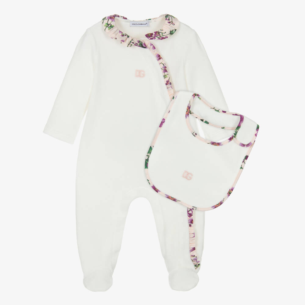 Dolce & Gabbana-Girls Ivory Velour Babygrow Set with Floral Trim | Childrensalon Outlet