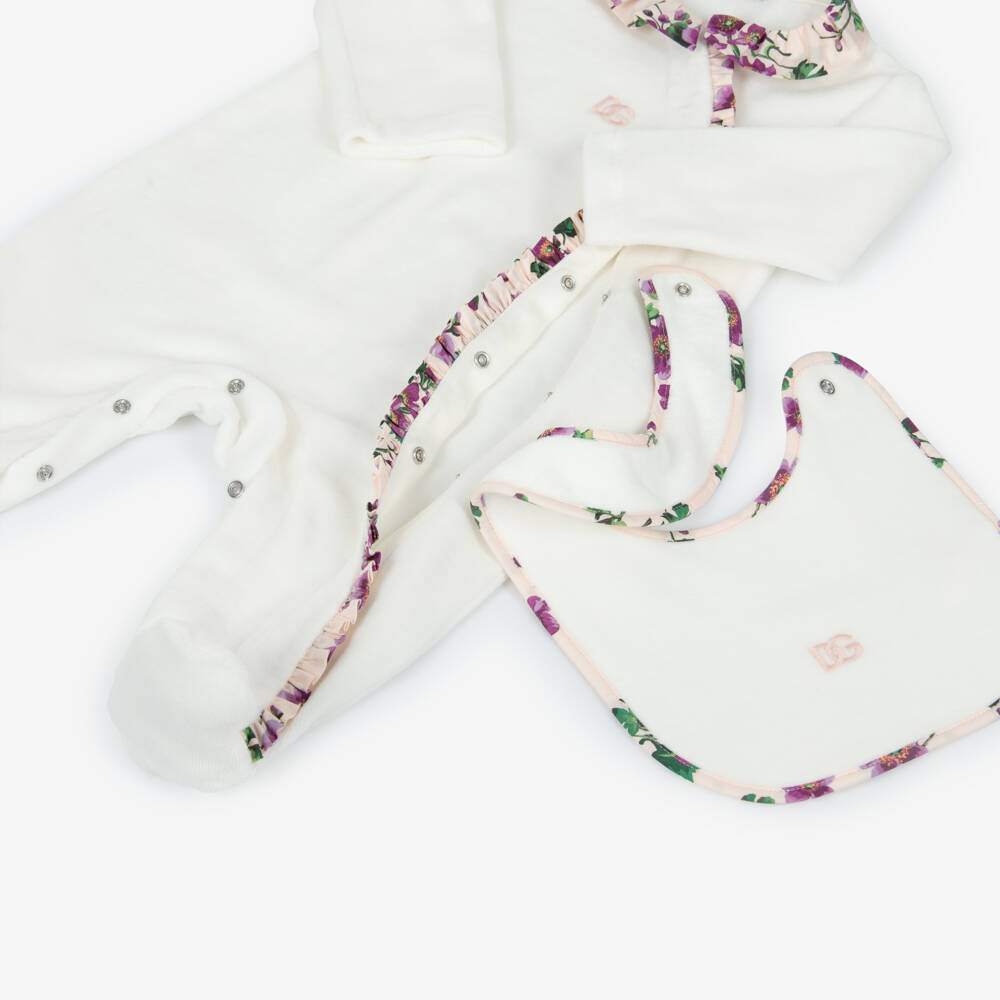 Dolce & Gabbana-Girls Ivory Velour Babygrow Set with Floral Trim | Childrensalon Outlet