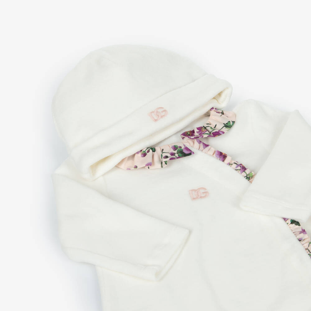 Dolce & Gabbana-Girls Ivory Velour Babygrow Set with Floral Trim | Childrensalon Outlet