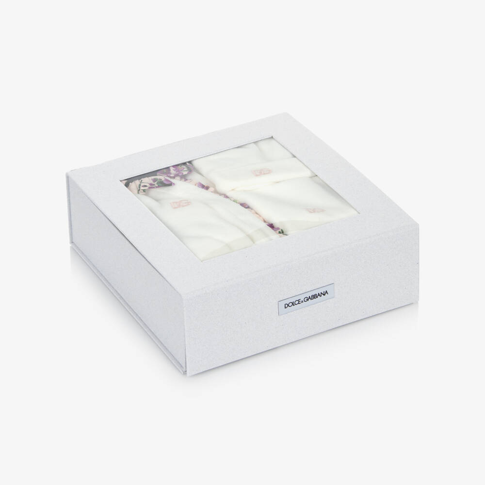 Dolce & Gabbana-Girls Ivory Velour Babygrow Set with Floral Trim | Childrensalon Outlet