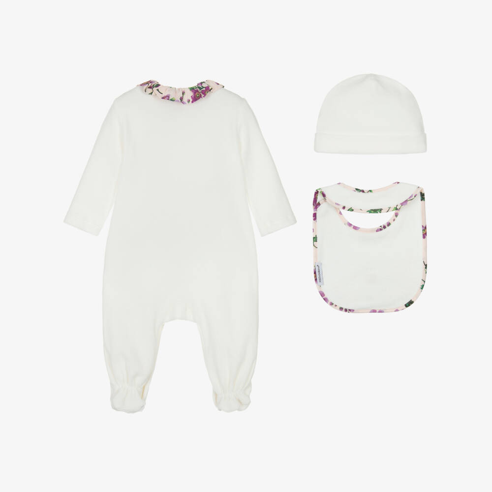 Dolce & Gabbana-Girls Ivory Velour Babygrow Set with Floral Trim | Childrensalon Outlet