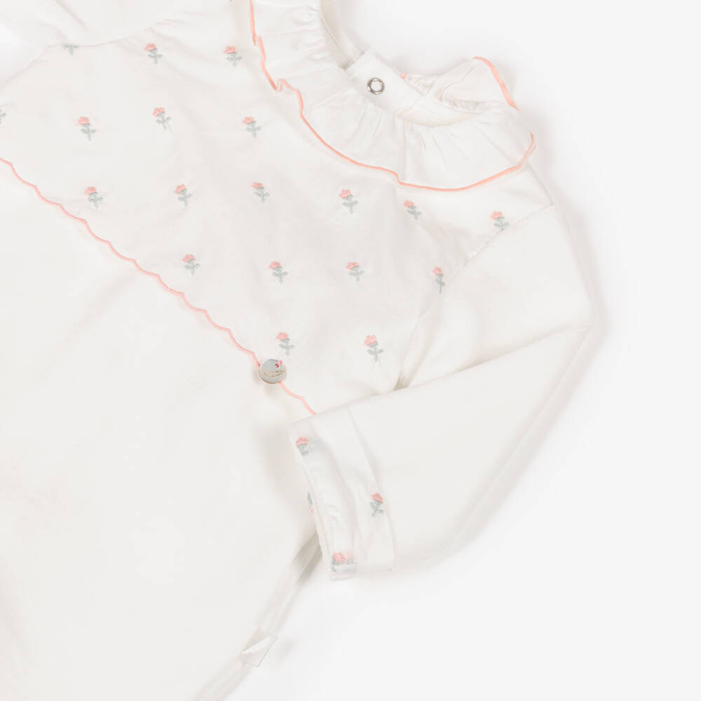 Pureté Du... Bébé-Girls Ivory Velour Babygrow with Floral Embroidery | Childrensalon Outlet