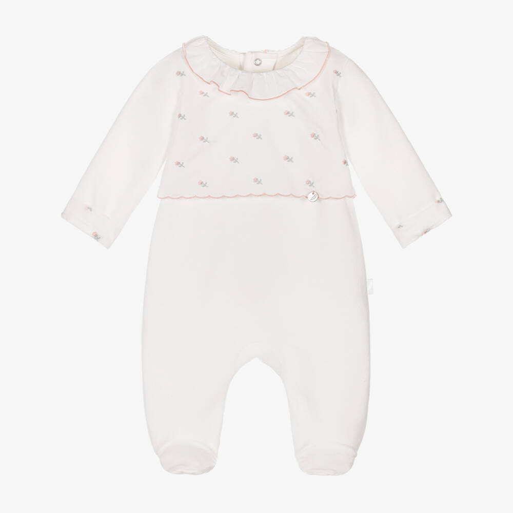 Pureté Du... Bébé-Girls Ivory Velour Babygrow with Floral Embroidery | Childrensalon Outlet