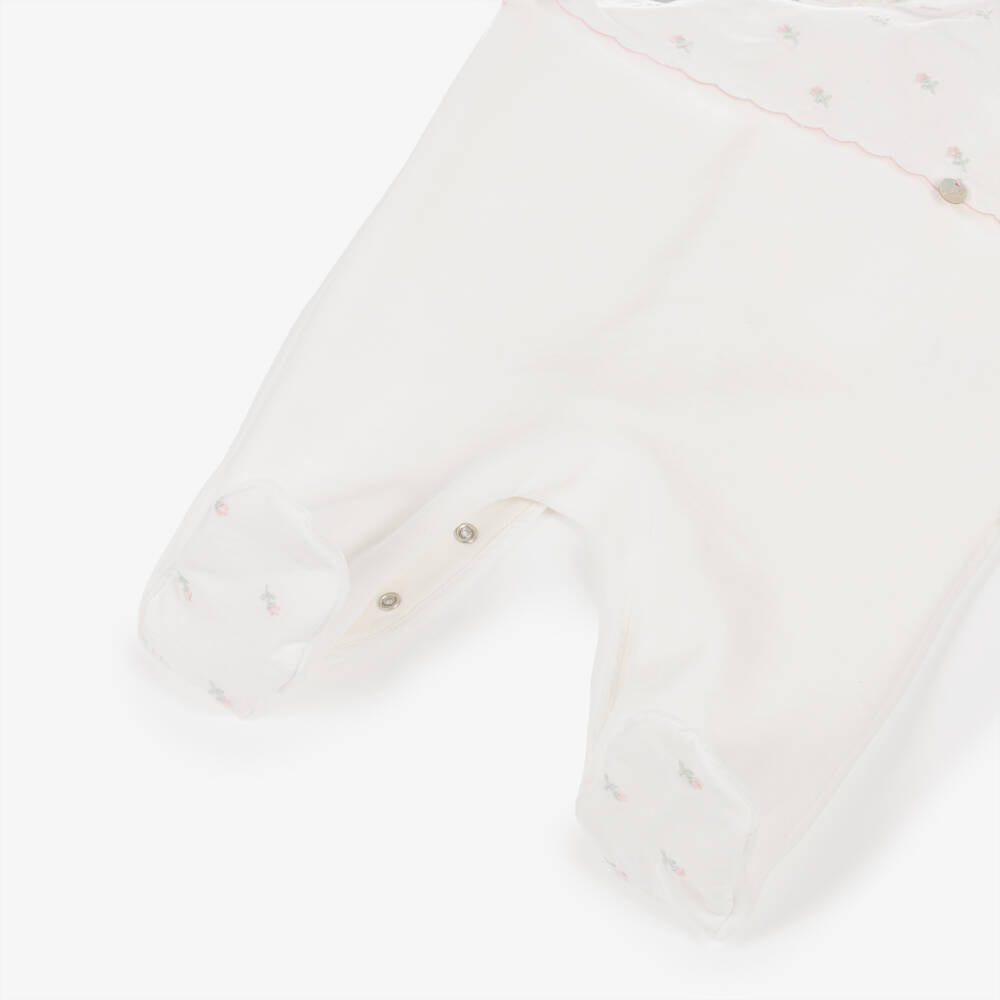 Pureté Du... Bébé-Girls Ivory Velour Babygrow with Floral Embroidery | Childrensalon Outlet