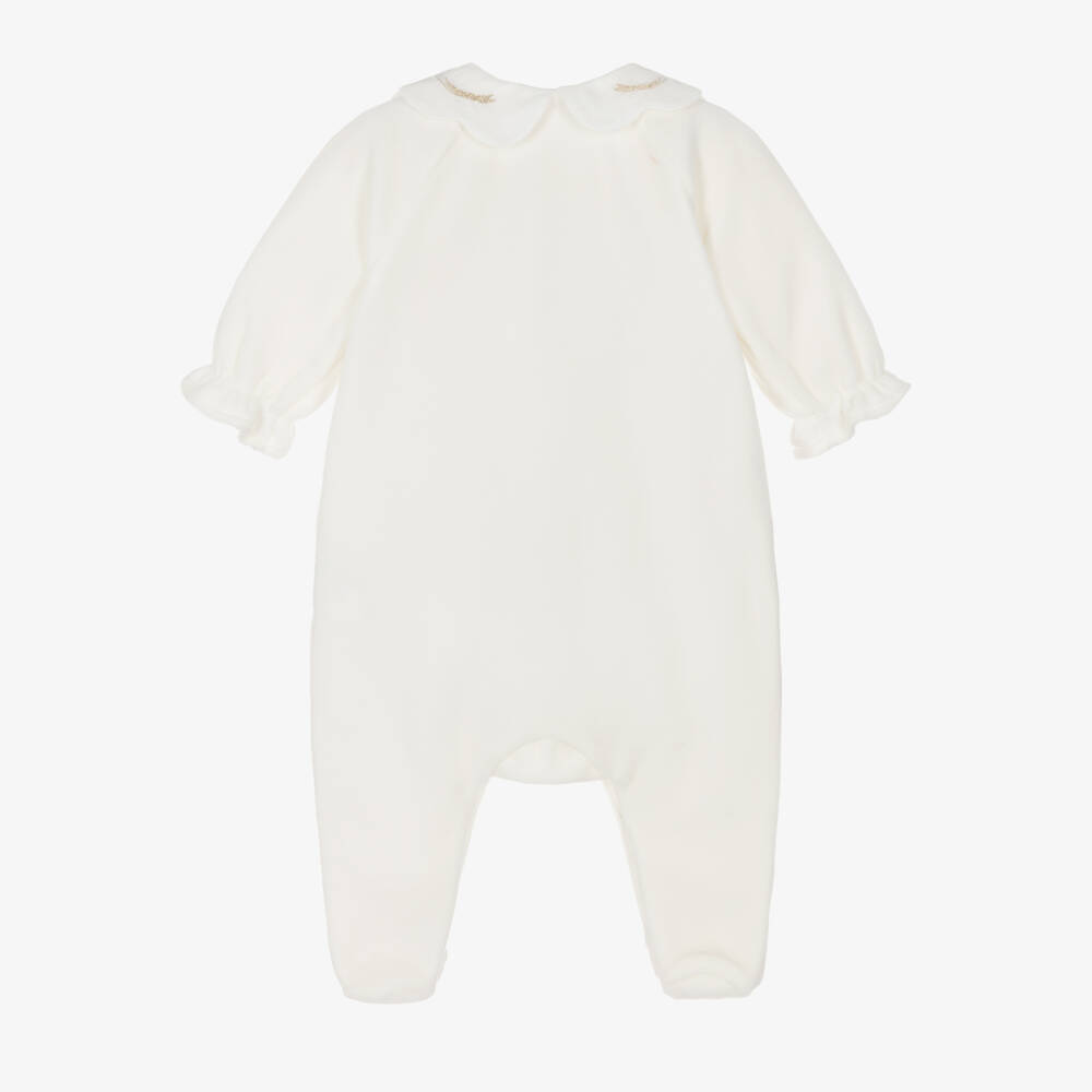 Tartine et Chocolat-Girls Ivory Velour Babygrow with Gold Embroidered Bows | Childrensalon Outlet