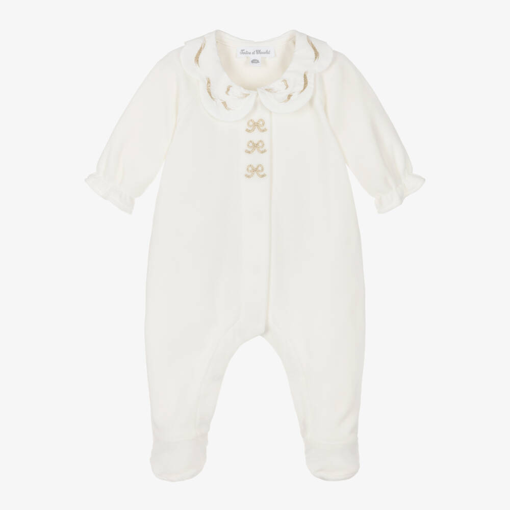 Tartine et Chocolat-Girls Ivory Velour Babygrow with Gold Embroidered Bows | Childrensalon Outlet