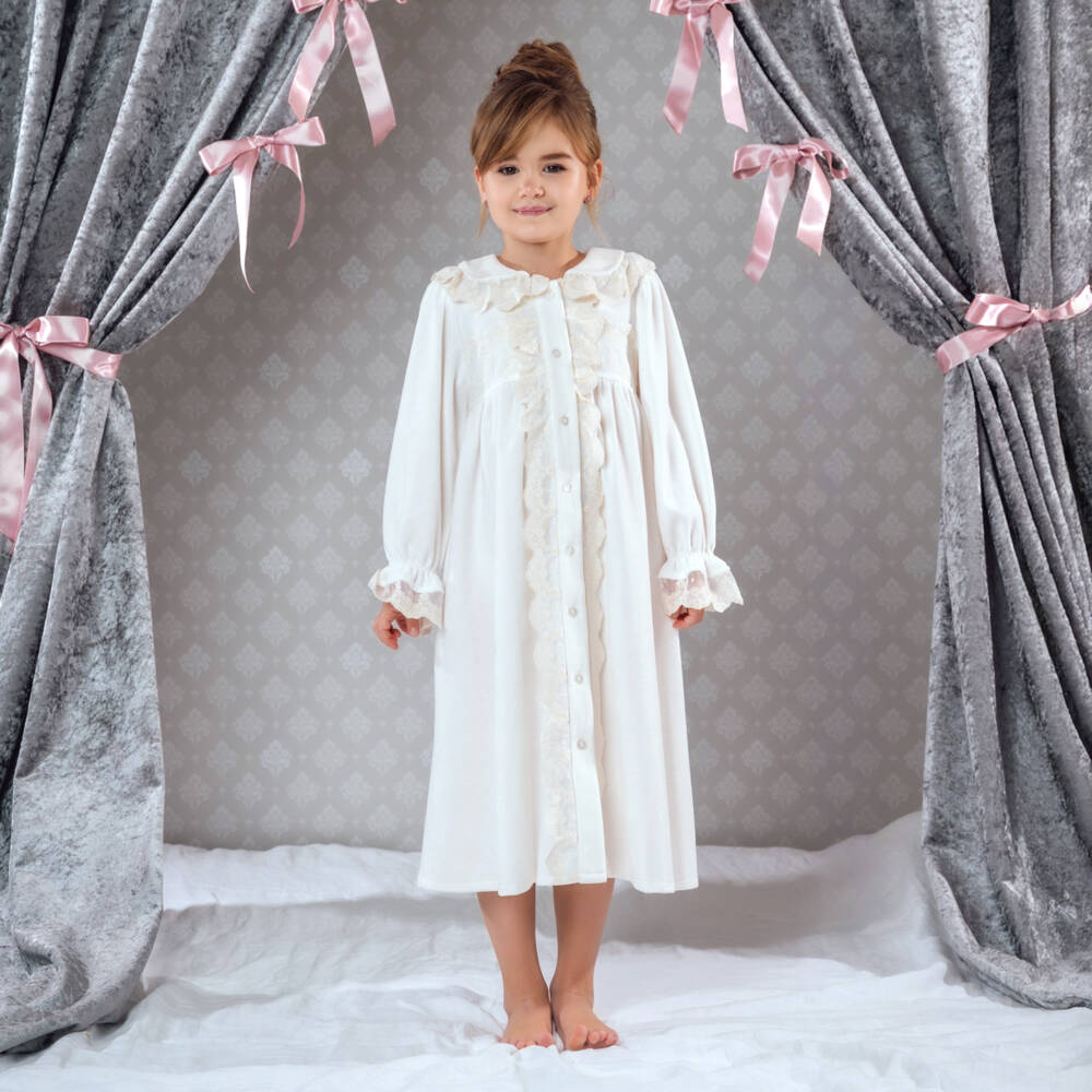 AMIKI Children-Girls Ivory Velour Dressing Gown with Lace Trims | Childrensalon Outlet