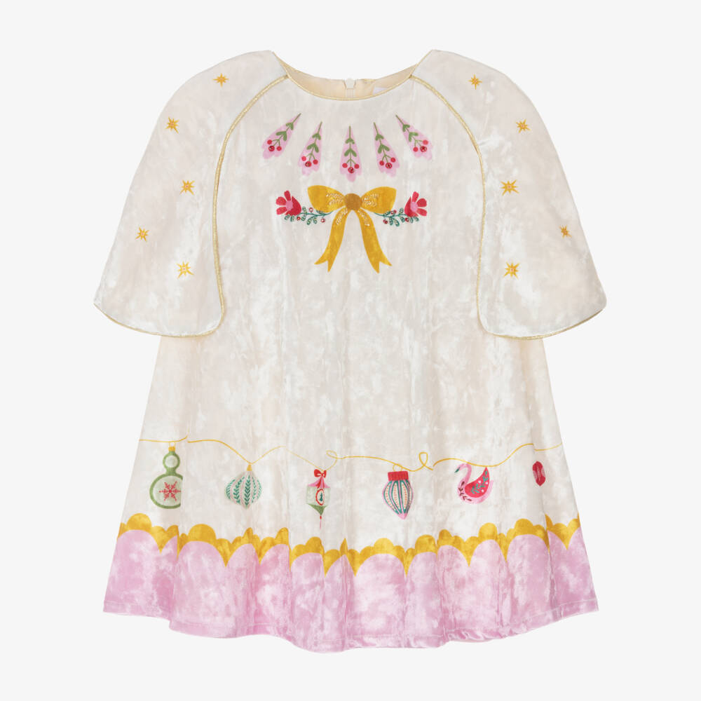 EIRENE-Girls Ivory Velour Festive Print Dress | Childrensalon Outlet