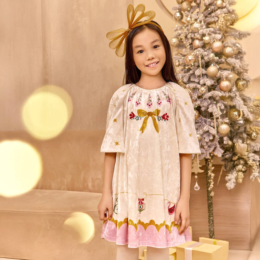 EIRENE-Girls Ivory Velour Festive Print Dress | Childrensalon Outlet