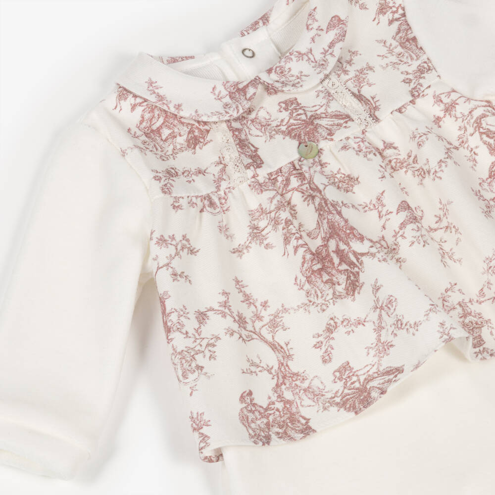 Pureté Du... Bébé-Girls Ivory Velour & Pink Toile De Jouy Babygrow | Childrensalon Outlet