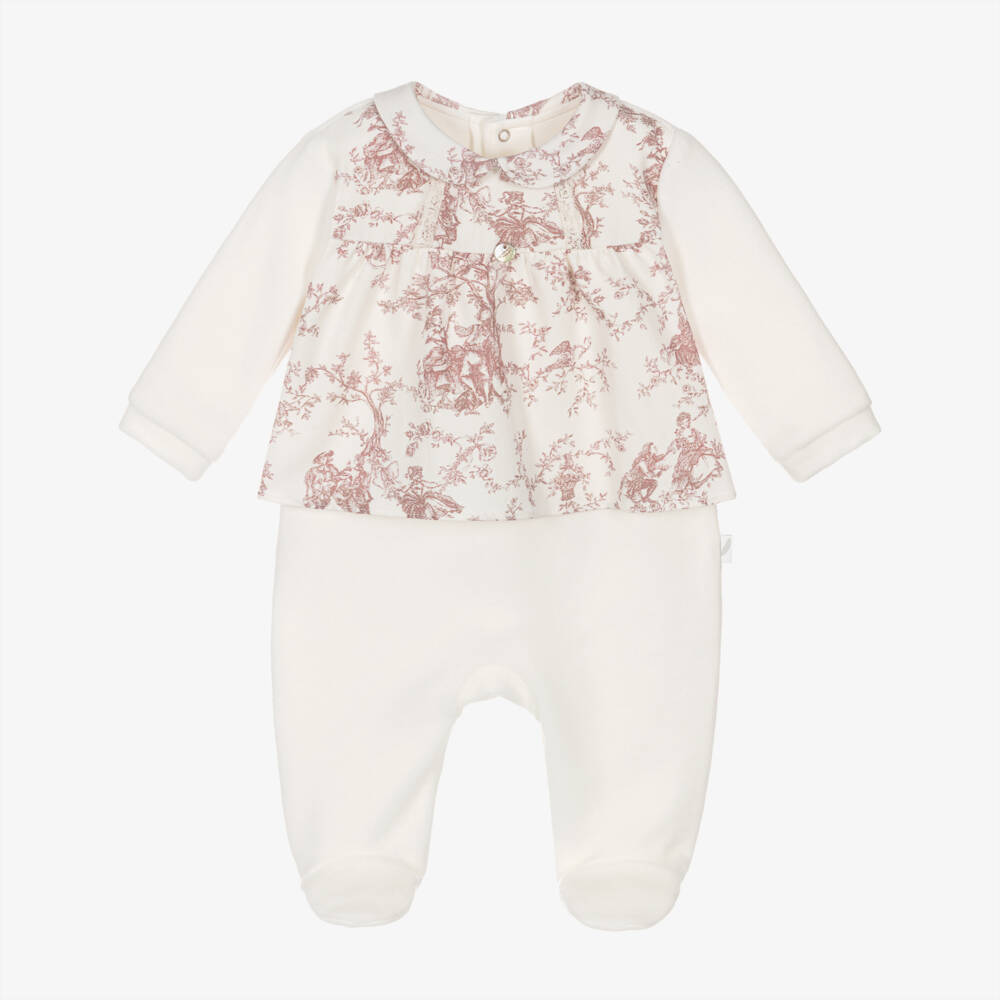 Pureté Du... Bébé-Girls Ivory Velour & Pink Toile De Jouy Babygrow | Childrensalon Outlet