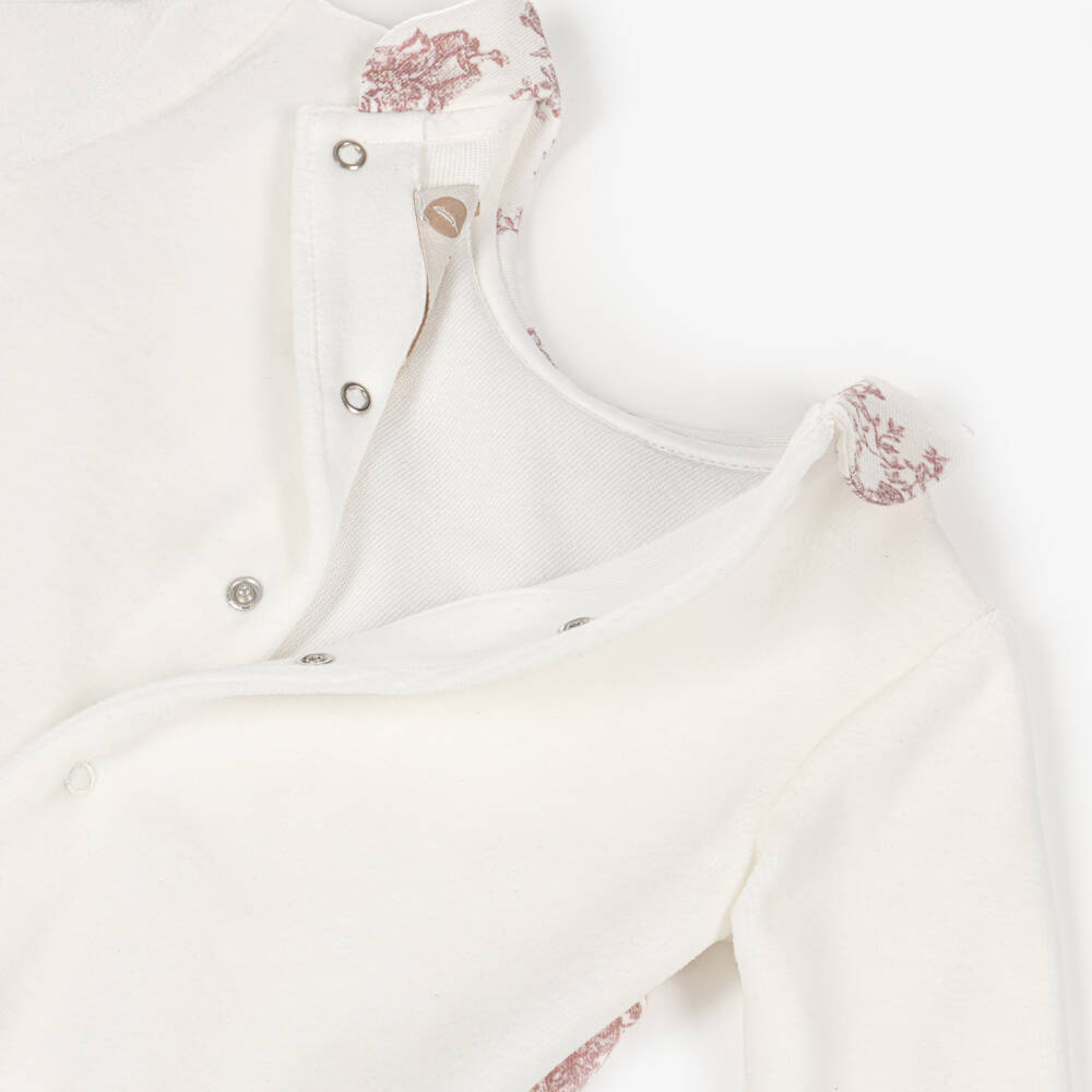 Pureté Du... Bébé-Girls Ivory Velour & Pink Toile De Jouy Babygrow | Childrensalon Outlet