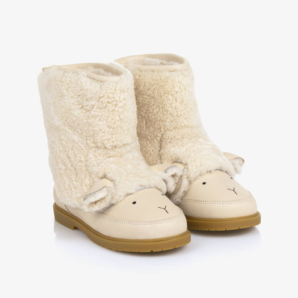 Donsje-Girls Ivory Wadou Leather & Fleece Pull-On Lammy Boots | Childrensalon Outlet