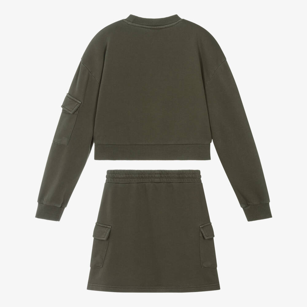 Mayoral-Girls Khaki Green Cotton Jersey Cargo Skirt Set | Childrensalon Outlet