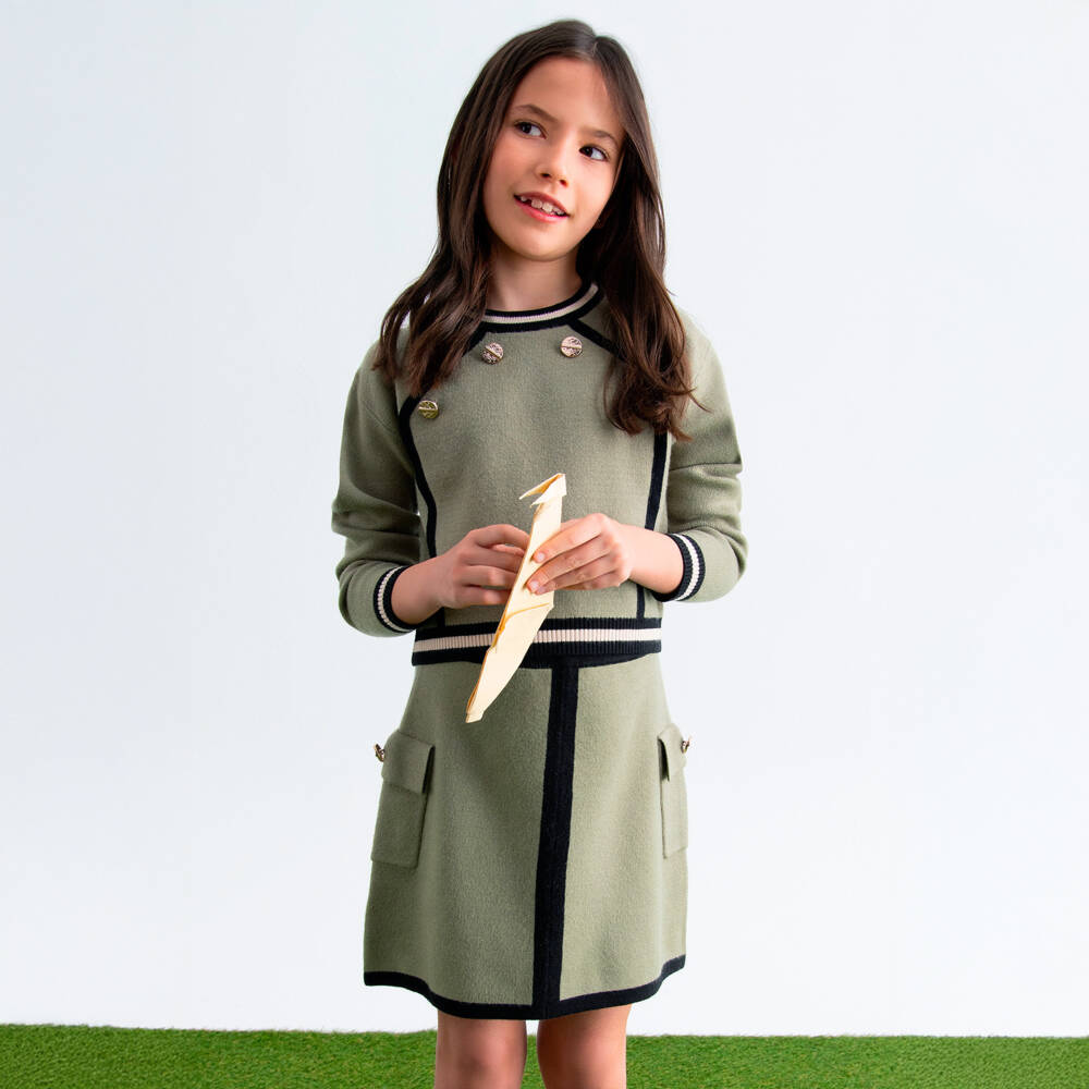 Abel & Lula-Girls Khaki Green Knitted Skirt Set | Childrensalon Outlet
