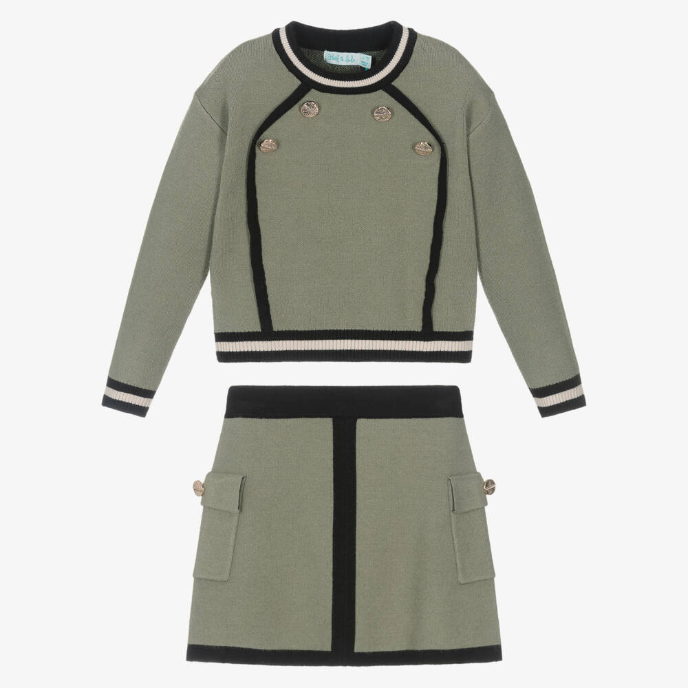 Abel & Lula-Girls Khaki Green Knitted Skirt Set | Childrensalon Outlet
