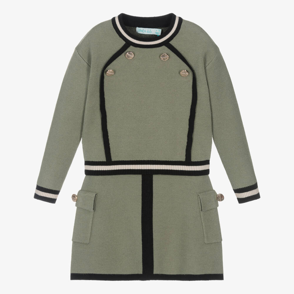 Abel & Lula-Girls Khaki Green Knitted Skirt Set | Childrensalon Outlet