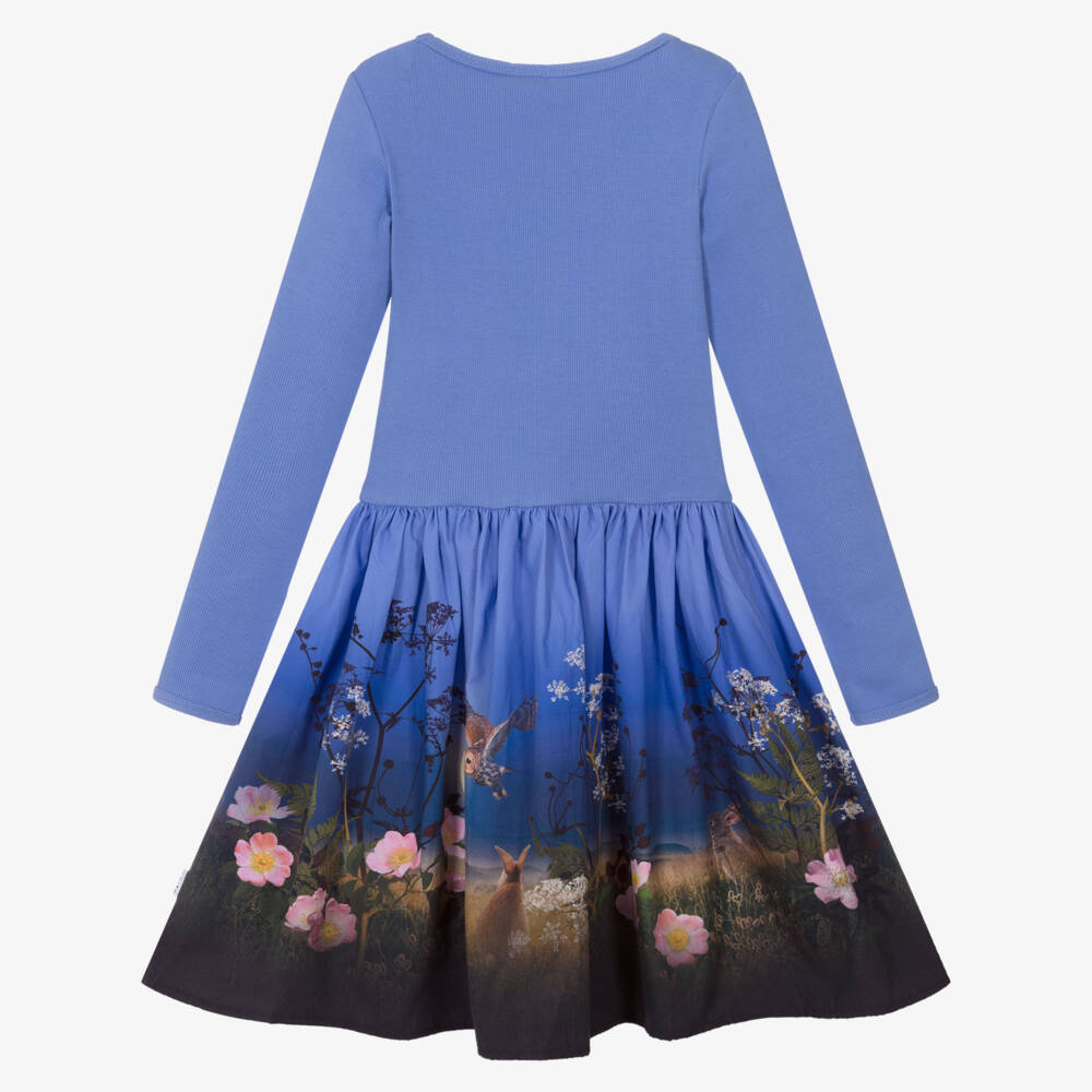 Molo-Girls Lavender Blue Organic Cotton Dress with Autumnal Print | Childrensalon Outlet