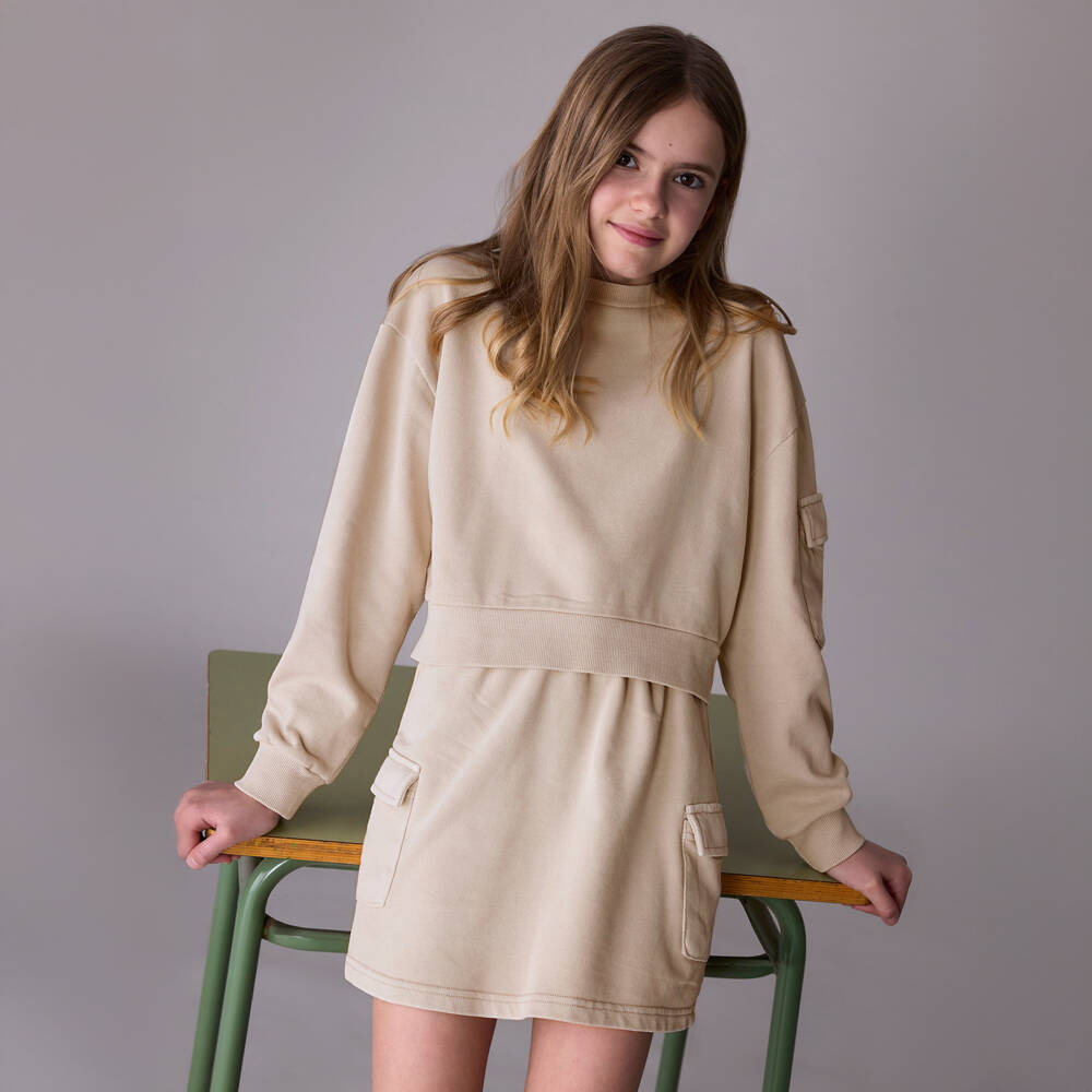 Mayoral-Girls Light Beige Cotton Jersey Cargo Skirt Set | Childrensalon Outlet